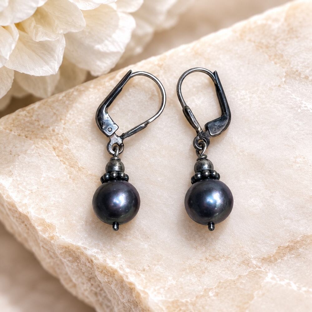 Black Pearl 925 Sterling Silver Dangle Earrings Leaverback